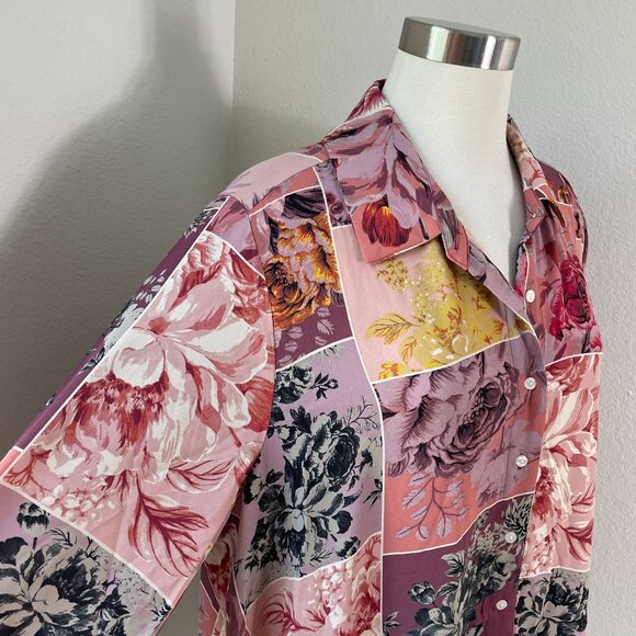 Cynthia Rowley Womens Plus 1X Floral Patchwork Button Up Shirt 3/4 Sleeve Top - Picture 3 of 11